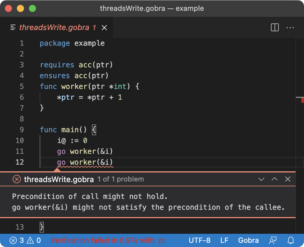 Screenshot of the Gobra verification tool displaying an error message related to precondition failure in a Go program example.