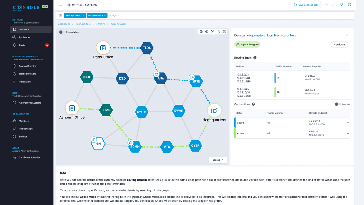 Dashboard view from Anapaya Console displaying the network traffic overview and the status of encrypted connections.